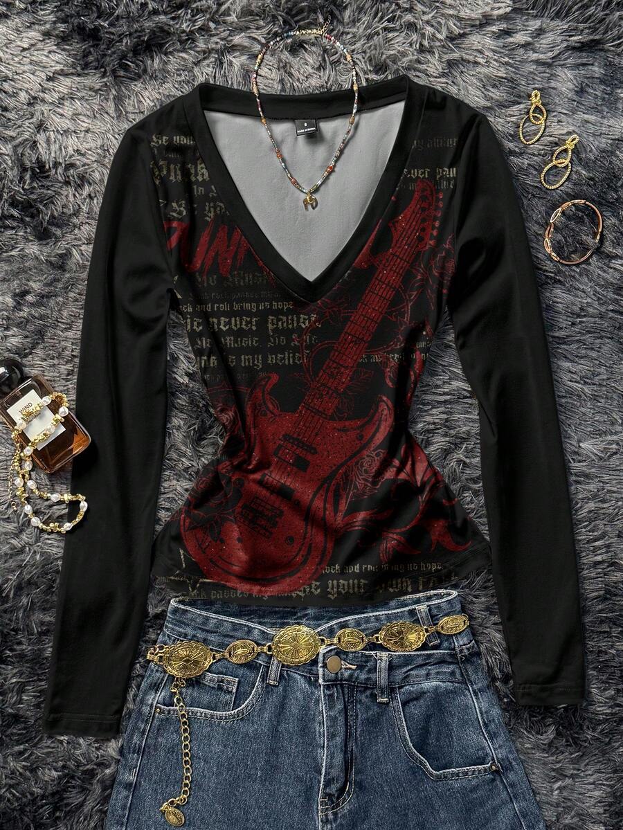 Attitoon Women's Y2K Streetwear Guitar Music Festival V-Neck Bustier T-Shirt - Multicolor - View 1