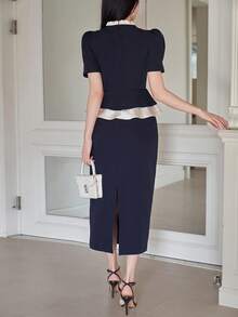 DAZY 女士优雅撞色拼接荷叶边立领衬衫和直筒裙两件套，夏季 - 藏蓝色 - 查看 2