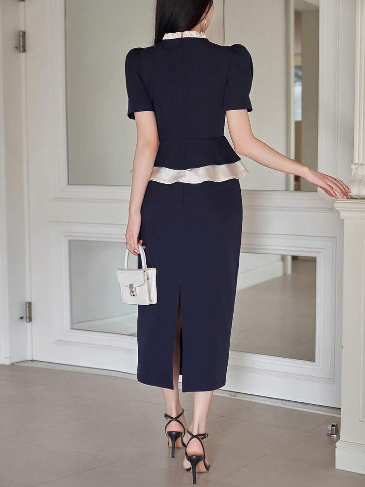 Women's Elegant Contrast Color Patchwork Frill Trim Stand Collar Blouse And Straight Skirt 2 Pieces Set, Summer