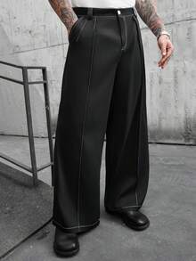 Manfinity CasualCool 男士休闲畅销新款长裤，白色线条装饰，INS风搭配，四季皆宜，日常百搭，休闲运动裤，拍照必备，送给男友/老公的必备礼物，男士休闲，Y2K风格 - 黑色 - 查看 1