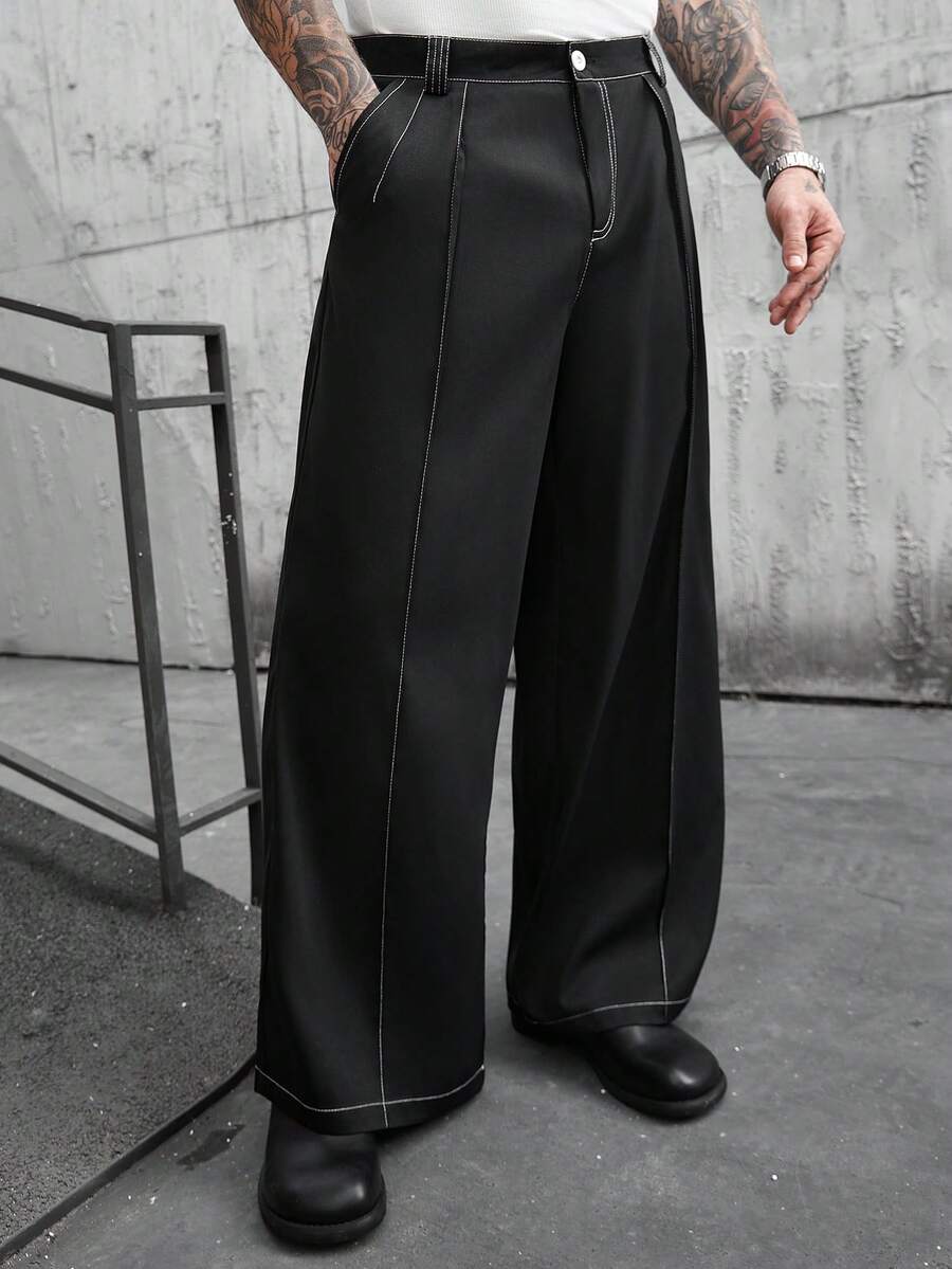 Manfinity CasualCool 男士休闲畅销新款长裤，白色线条装饰，INS风搭配，四季皆宜，日常百搭，休闲运动裤，拍照必备，送给男友/老公的必备礼物，男士休闲，Y2K风格 - 黑色 - 查看 1