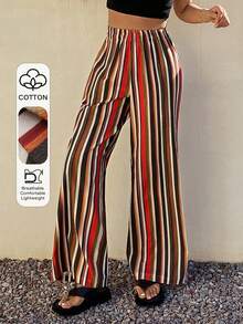 DAZY Loose Striped Women Pajama Bottoms, Vacation Style - Brown - View 1