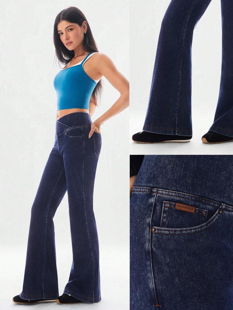 Jeanius Moves Movin' And Groovin' Stretchy Breathable Butt-Lifting Denim Crossover Waist Flare-Leg Pocket Jeggings Daily Casual Wear  Spring Summer