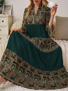 Al Najma Women's V-Neck Pleated Long Sleeve Dress, Suitable For Autumn Carnival - Multicolor - View 1