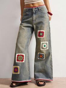 Bohemela 女士休闲时尚街头波西米亚度假风钩针编织宽松阔腿裤