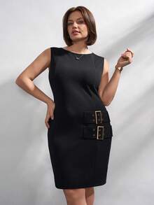 Chikora Đầm hè cỡ lớn không tay kiểu dáng thường ngày với khóa cài trang trí - màu đen - Xem 6