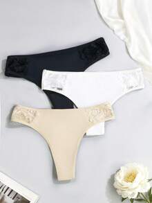 DesireSculpt 3pcs Women's Lace Trim Low Waist Seamless Comfortable Versatile Thong Panties - Multicolor - View 3