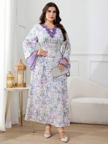 Al Najma Plus Size Women Floral Print V-Neck Long Sleeve Elegant Dress - Multicolor - View 4