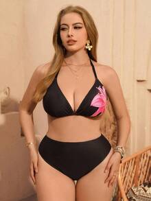 SHEIN Swim Curve New Plus Size Women Swimsuit, Floral Print Loose Cover Up, Slim Fit Bottom Triangle Shorts, Slimming Shaping Vacation Casual Swimwear - Black - View 3
