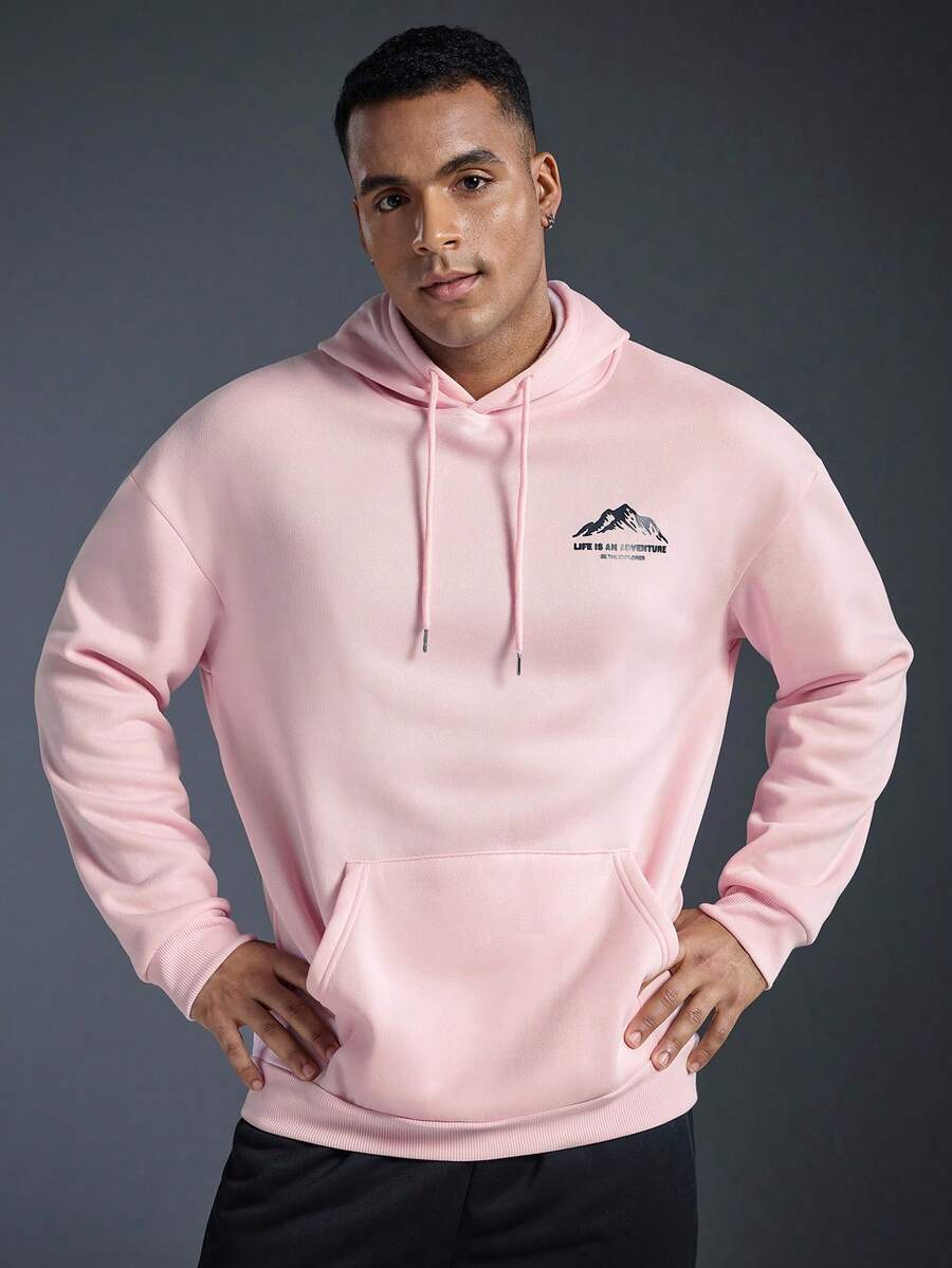 Driftmere Men's Autumn/Winter Minimalist Mountain Print Pocket Drawstring Hoodie Sweatshirt, Long Sleeve Top