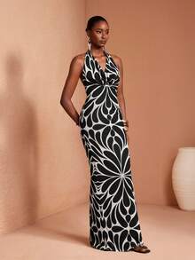 JIAN LASALA All-Over Print Mesh Halter Neck Tie Drape Neck Backless Bodycon Women Maxi Dress - Black and White - View 2