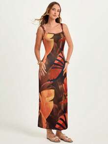 CAJUNI 女士休闲度假鹦鹉和海龟壳串珠黑色印花吊带中长连衣裙 - 约会装 - 热带风情 - 棕色 - 查看 3