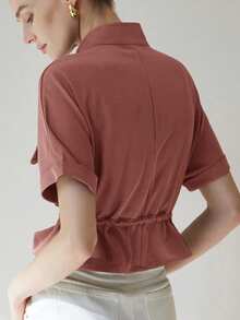 Aveloria Modichic Fashionable Short Utility Shirt, With Two Symmetrical Chest Pockets, Cinched Waist Design, Overall Neat And Practical - Pink - View 2