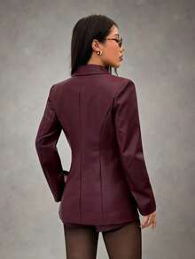 SHEIN PETITE 女士复古酒红色束腰PU皮夹克，适合办公室、万圣节、感恩节、圣诞节、约会、通勤、情人节等场合穿着。酒红色PU皮夹克+PU皮裤，休闲优雅百搭的办公室女装裙装套装，女士西装外套连衣裙 - 酒紅色 - 查看 2