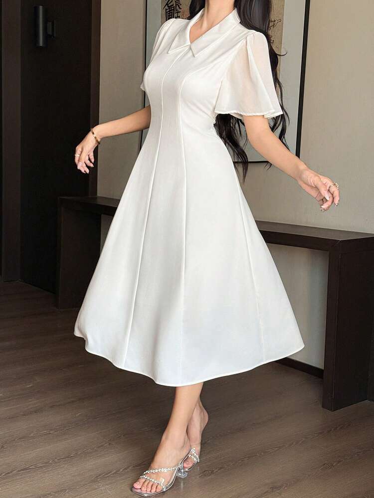 Women's Elegant Solid Color Lapel Mid-Length Dress, Summer Wedding Guest Dress