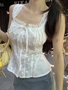 DAZY 女士蕾丝拼接休闲蝴蝶结无袖衬衫 - 白色 - 查看 4