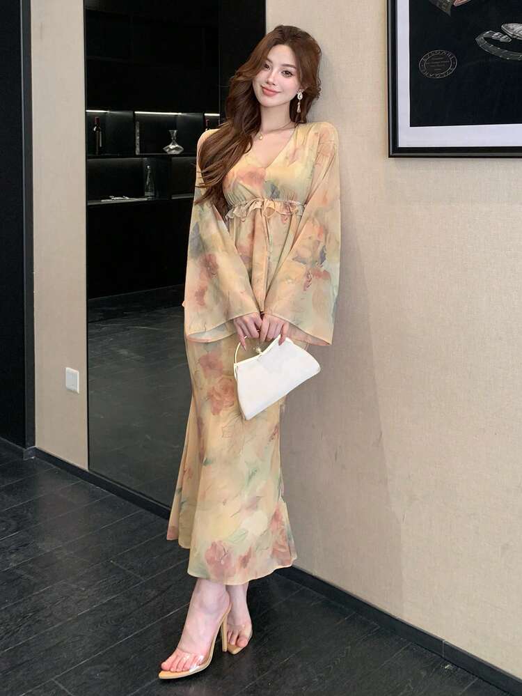 Spring & Summer Ditsy Floral Pullover Poncho, Elegant Design With Drawstring, Ruffle Hem, Chiffon Cover Up And Bodycon/Mermaid Skirt Set, Suitable For Vacation, Wedding, Commute