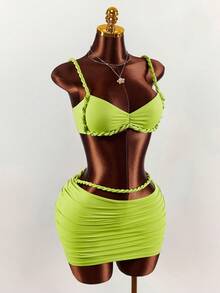 Amplova Bộ đồ 2 món gợi cảm dành cho nữ: Áo croptop xếp ly màu xanh neon và chân váy mini ôm sát xếp ly. - màu xanh lá - Xem 6