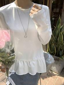 DAZY 女士圆领纯色韩版荷叶边休闲长袖T恤 - 白色 - 查看 7