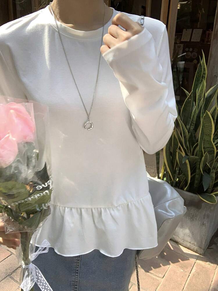Women's Round Neck Solid Color Korean Style Ruffle Trim Casual Long Sleeve T-Shirt