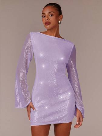 Athîral 女士纯色船领长袖亮片装饰时尚白色百搭修身迷你连衣裙，适合舞会、晚宴等场合。