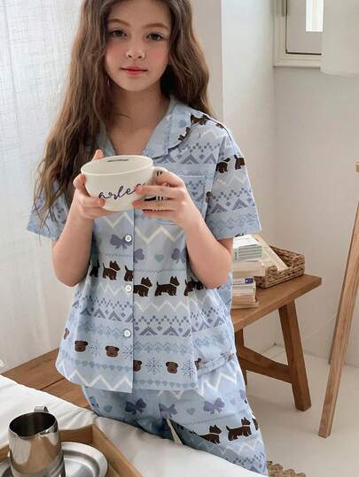 Dazy Kids Conjunto de pijama para niña preadolescente con camisa de manga corta con estampado de parches de dibujos animados y pantalones de pierna ancha