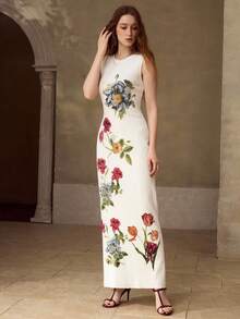 MOTF PREMIUM 女士优雅无袖针织印花连衣裙，适合春夏约会 - 白色 - 查看 4