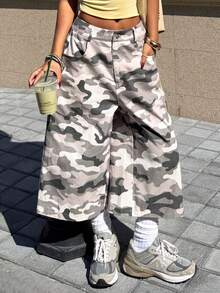 Muchica Women's Camouflage Pattern Embroidered Letter Decor Loose 3/4 Pants For Going Out, Streetwear, Y2K, Spring/Summer - Multicolor - View 4
