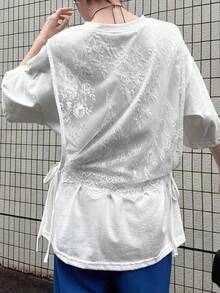 FRIFUL Women's Round Neck Loose Lace Tie-Up Splicing Camisole Design Casual T-Shirt For Commuting - White - View 1