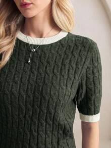 BizChic Women's Round Neck Contrast Trim Cable Knit Sweater, Versatile For Urban Commute, Business Casual, Party, Dating, Summer