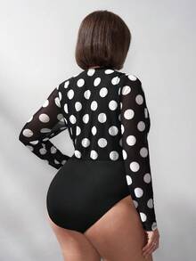 Chikora 大码女式连体衣，优雅波点长袖连体衣，百搭连体衣，适合春季、秋季及所有季节穿着 - 黑與白 - 查看 2