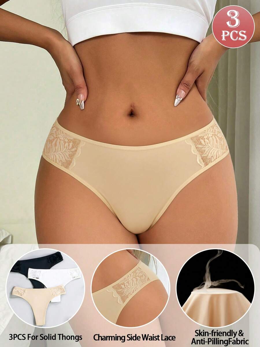 DesireSculpt 3pcs Women's Lace Trim Low Waist Seamless Comfortable Versatile Thong Panties - Multicolor - View 1