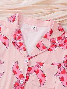 2pcs/Set Girls' Cute Pink Heart & Bow Print Short Sleeve Top And Wide Leg Pants Pajama Set,Collared Button-Up Shirt,Summer Sleep Casual Homewear - Multicolor - View 9