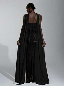 Elitara 优雅奢华的3D串珠无肩带修身及地长款可拆卸挂脖连衣裙，适合约会、度假、单身派对、生日、毕业典礼、婚礼、正式晚宴等场合。 - 黑色 - 查看 2