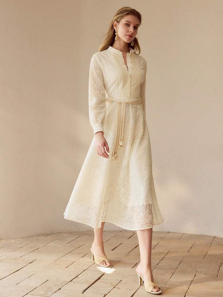 VESTIDO ELEGANTE DE ENCAJE Y PARCHES DE LONGITUD MEDIA PARA MUJER