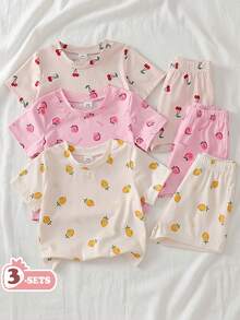SHEIN Vintaside Kids 6件套女婴可爱优雅碎花短袖上衣短裤套装，春夏款 - 彩色 - 查看 3
