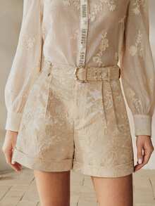 Anewsta Quần short nữ màu sâm panh thanh lịch, chất liệu jacquard, có thắt lưng. - Rượu sâm banh - Xem 4