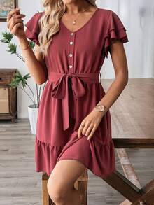 Selamara Women's Solid Color Ruffle Sleeve Tie Waist Midi Dress - Rusty Rose - View 6