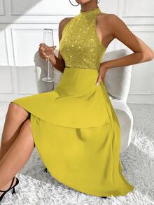 Chiquease 1 chiếc đầm maxi thanh lịch đính sequin, cổ yếm, vạt bất đối xứng, thích hợp cho các bữa tiệc ngày lễ dành cho nữ. - Màu vàng - Xem 6