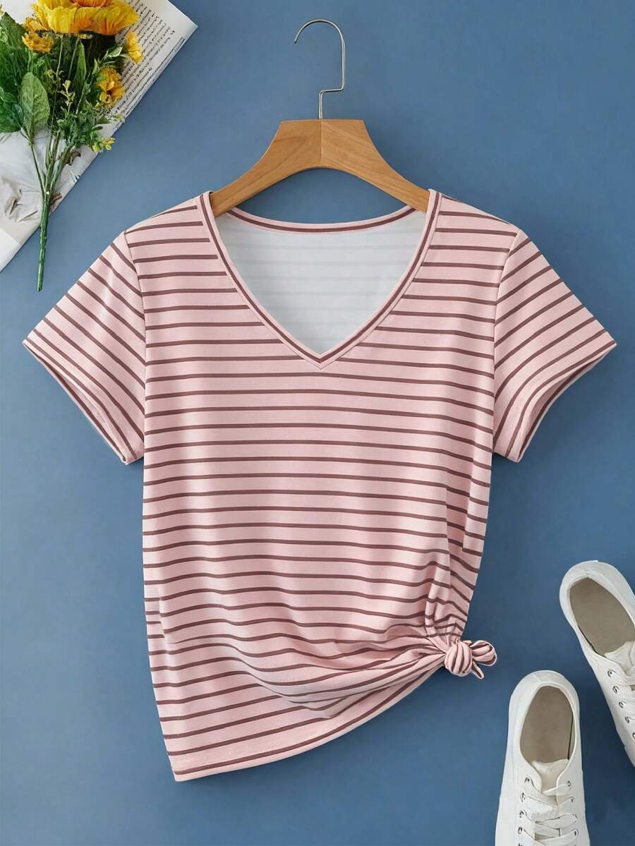 INAWLY Women's Outdoor Tops, New Summer Design, Colorful Striped Print Pattern, Casual Outdoor Daily Wear, Fashionable V-Neck Short Sleeve T-Shirt, Pink - Pink - View 1