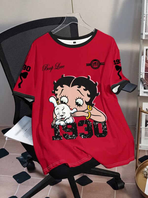 Betty Boop x SHEIN Plus Size Summer Casual Cartoon Figure Graphic Contrast Trim Round Neck Short Sleeve T-Shirt