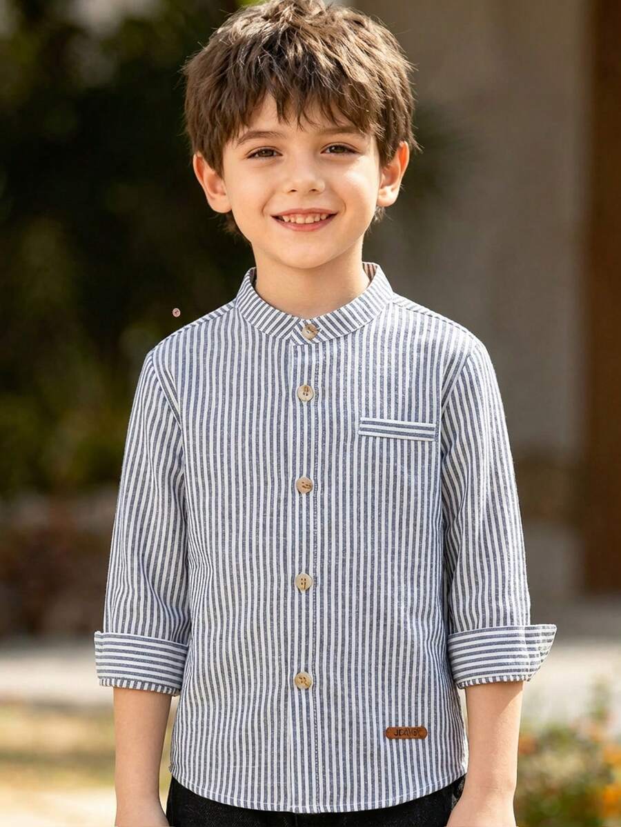 Kids Boy Casual Stand Collar Button Shirt, Striped Shirt, Basic Top, Back To School, Suitable For Garden, Beach, Birthday - Blue - View 1