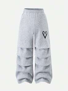 SHEIN Conjunto de sudadera con capucha y pantalón de chándal con cordón estampado de corazón cálido gris de punto informal para niña en otoño - Gris - Ver 4