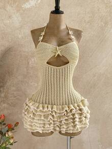 Soleia Váy ngắn đan dây buộc cổ nhiều lớp viền bèo nhún mới, thích hợp cho tiệc tùng, hẹn hò, ngày lễ tình nhân, lễ Phục sinh, lễ hội hóa trang, trà chiều, bãi biển, du ngoạn, kỳ nghỉ thành phố, mặc nhiều lớp cho mùa thu/đông - Màu be - Xem 3