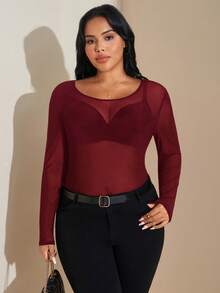 SHEIN Tall CURVE 女士加大码网眼透视长袖上衣 - 酒紅色 - 查看 3