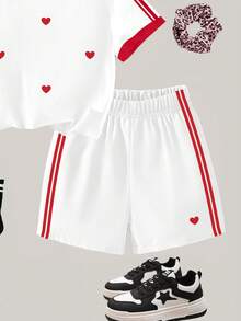 SHEIN Elladie kids 2件套女童休闲时尚创意爱心条纹印花T恤短裤套装，舒适日常穿着，适合春、夏、秋季穿着，可爱女童套装，少女服装，短袖。 - 彩色 - 查看 6