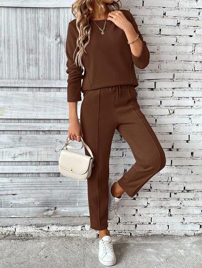 SHEIN PETITE 2pcs Women Long Sleeve Sweatshirt & Pants Set, Pullover Top & Elastic Waist Pants With Drawstring Two Piece Set Women Comfy Long Sleeve Two Piece Set Casual Two Piece Set Brown Two Piece Set Women Comfortable Two Piece Set  Casual