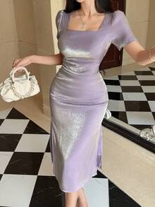 DAZY Đầm nữ thanh lịch màu trơn cổ vuông tay phồng xếp ly xẻ tà, đầm dự tiệc cưới mùa hè. - Màu tím - Xem 1