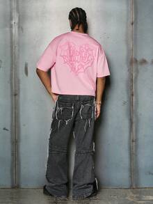 PAVTROS 男士街头风流行INS风蜘蛛网3D刺绣户外音乐节夜店酒吧男友老公礼物周年纪念礼物粉色T恤 - 粉色 - 查看 4