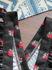 SHEIN 2pcs/Set Baby Girls Cute Cartoon Print Short Sleeve Top And Peony Floral Ruffle Hem Suspender Skirt Set,Black And White,Summer,Family Matching Outfit - Black - View 8